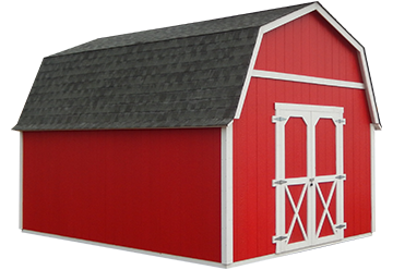 A red barn with a black roof and white doors