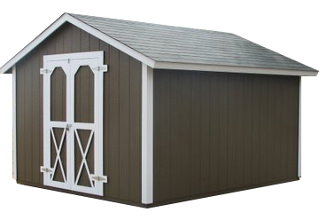 A brown shed with white trim and a white door