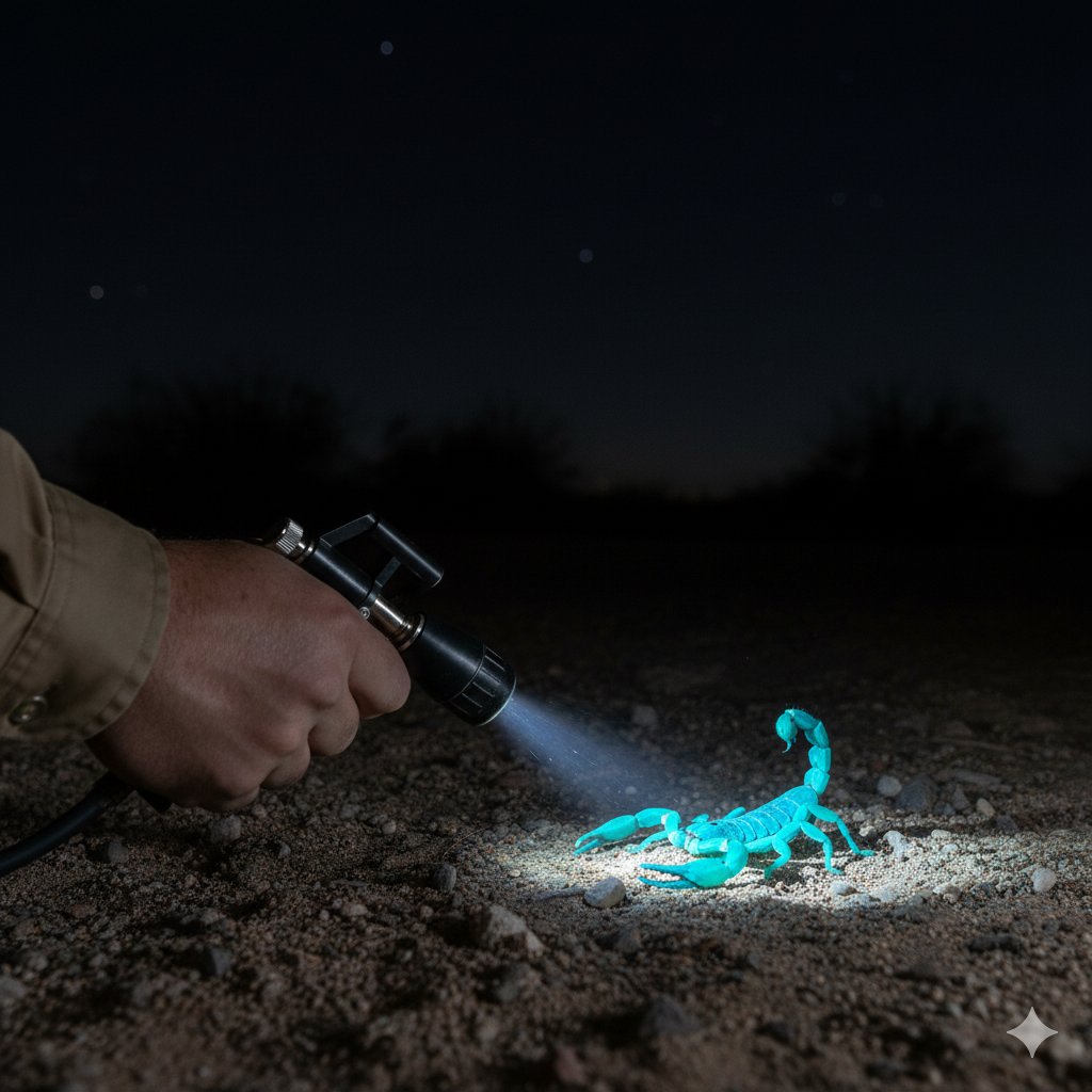 Hand holding UV flashlight illuminating a glowing blue scorpion on the ground at night.