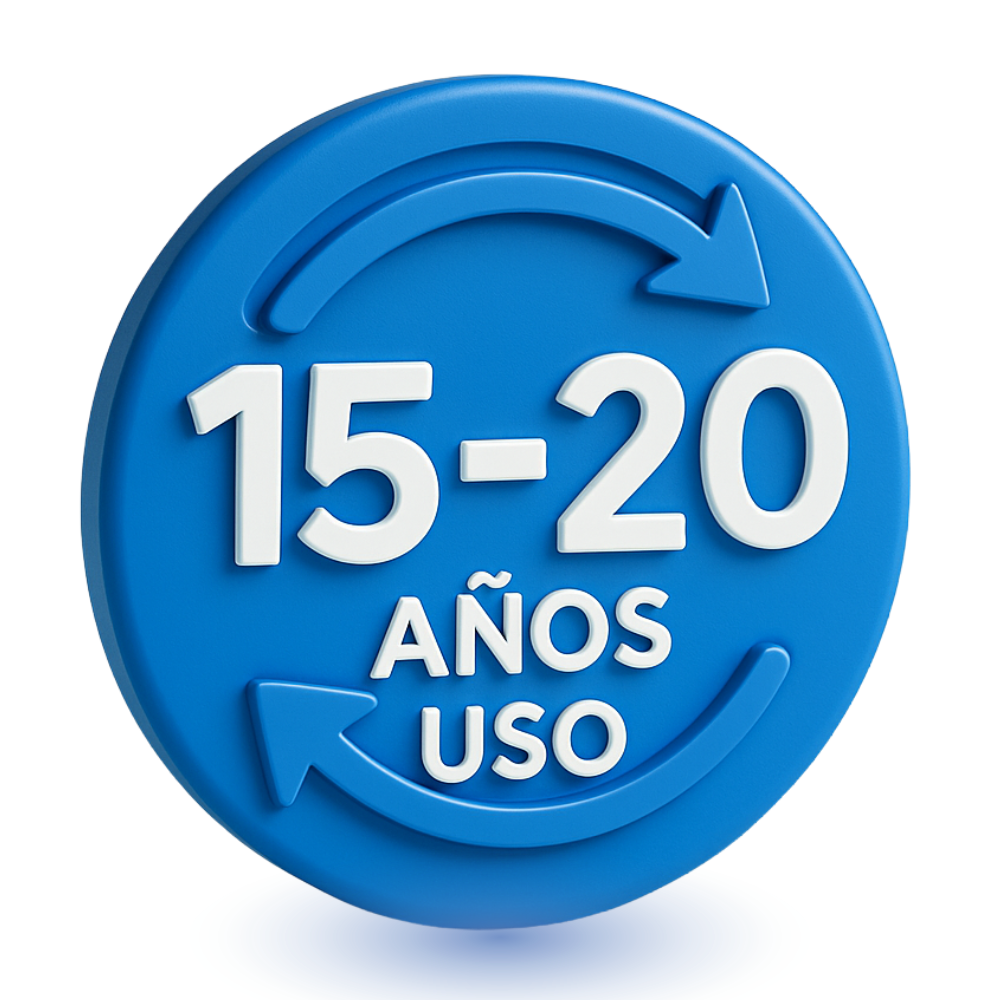 Insignia circular azul con texto blanco: 