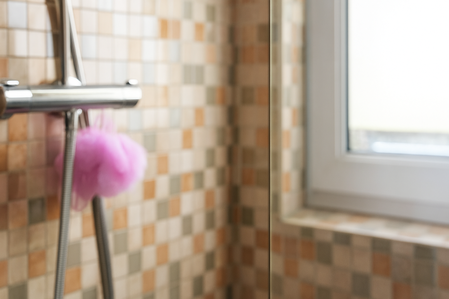 Cabezal de ducha con esponja vegetal rosa colgando, contra una pared de azulejos de mosaico, cerca de la ventana.