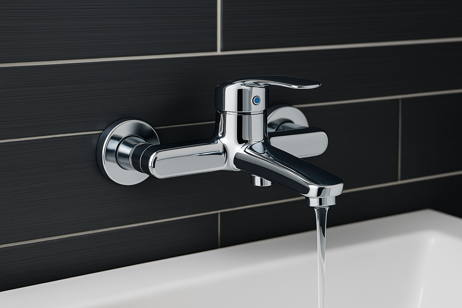 Grifo cromado de pared con agua que fluye hacia una bañera blanca, contra una pared de azulejos negros.