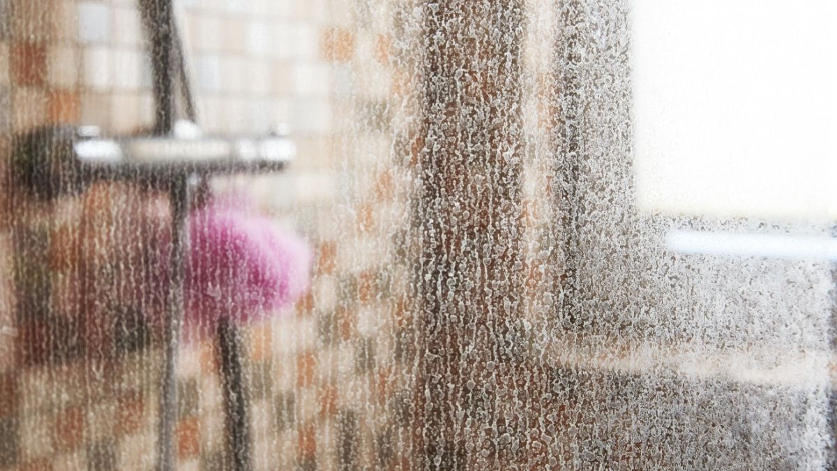 El cristal de la ducha está empañado, dejando ver borrosamente el cabezal de la ducha, la esponja y la pared de azulejos.
