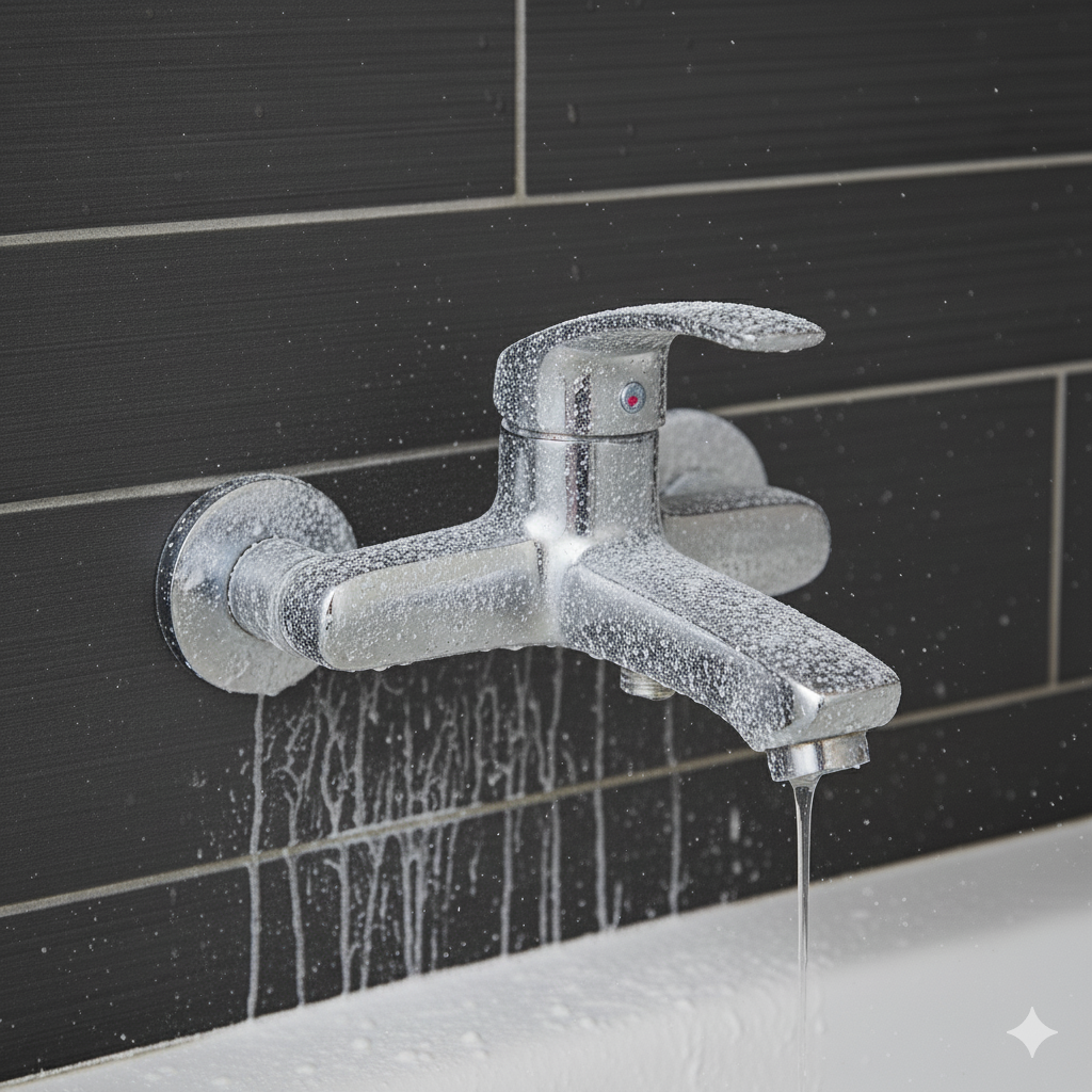 Grifo de baño cromado con gotas de agua, montado en una pared de azulejos oscuros, que desemboca en una bañera blanca.