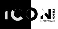 Logotipo de ICON Hotels, diseño dividido en blanco y negro. El texto dice 