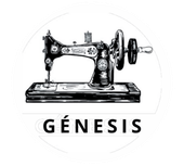 Logotipo en blanco y negro que muestra una máquina de coser antigua sobre la palabra GÉNESIS, centrada en un marco circular.