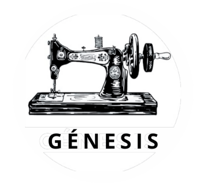 Logotipo en blanco y negro que muestra una máquina de coser antigua sobre la palabra GÉNESIS, centrada en un marco circular.