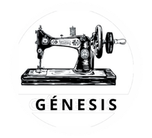 Logotipo en blanco y negro que muestra una máquina de coser antigua sobre la palabra GÉNESIS, centrada en un marco circular.