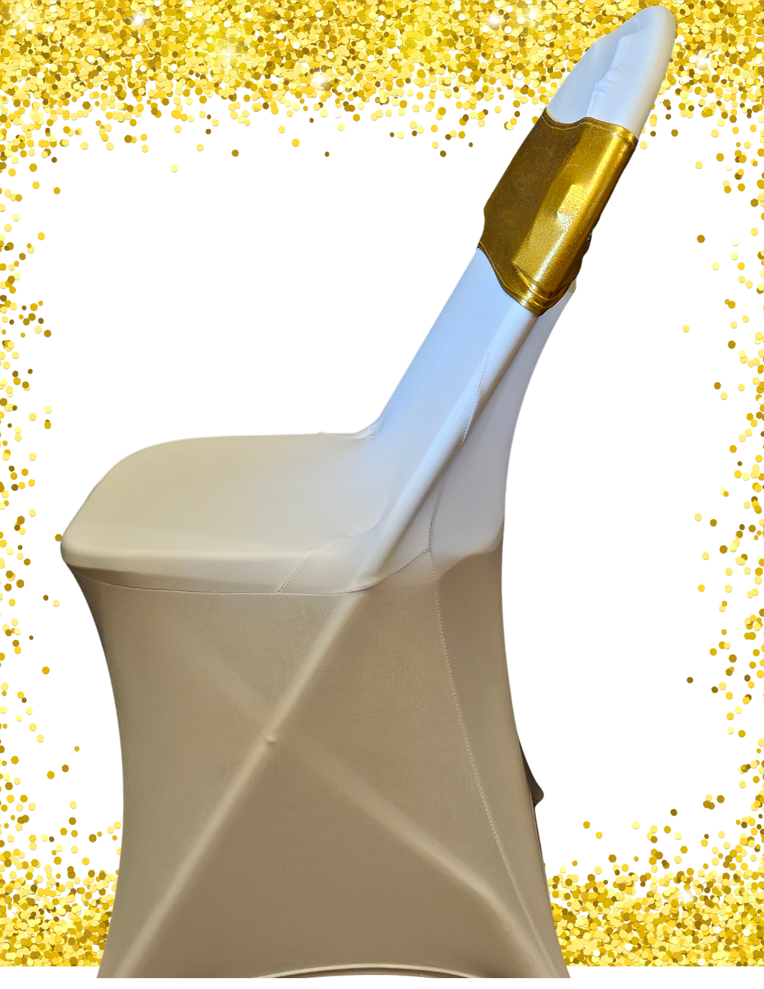 white folding chair with a gold band at the top, covered in a white fabric.