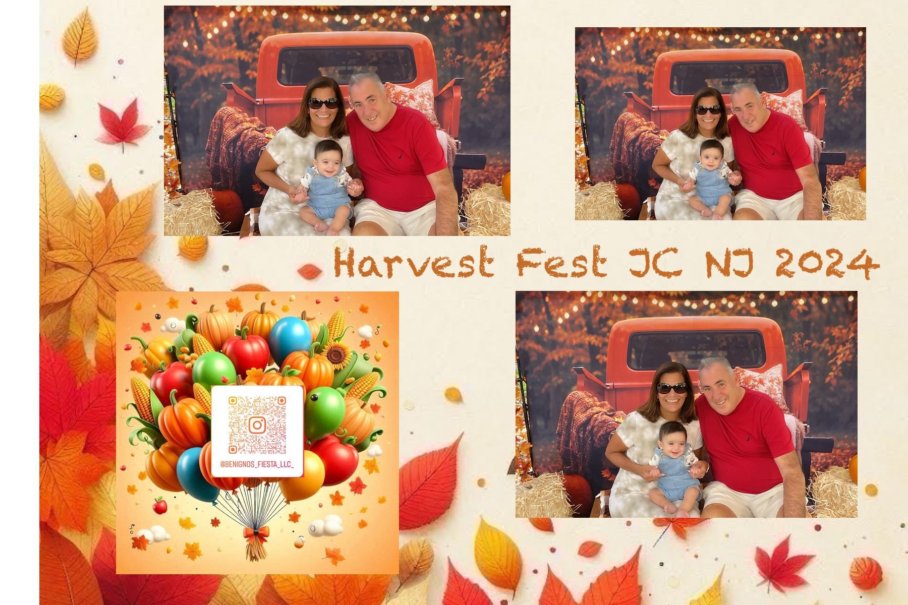 Family at Harvest Fest JC NJ 2024 photo booth, posing in front of a vintage red truck with fall foliage. Features a couple with a baby.