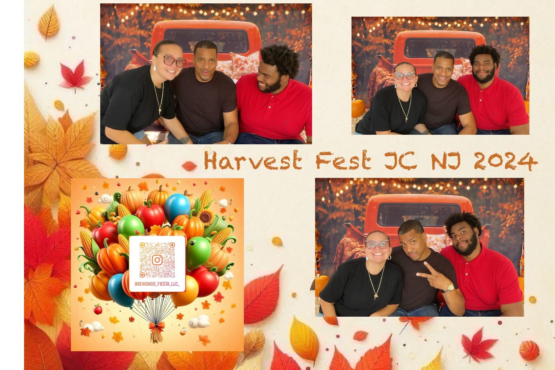 Photo booth strip from Harvest Fest JC NJ 2024 showing three men posing in front of a truck backdrop. Fall leaves and pumpkins surround the images.