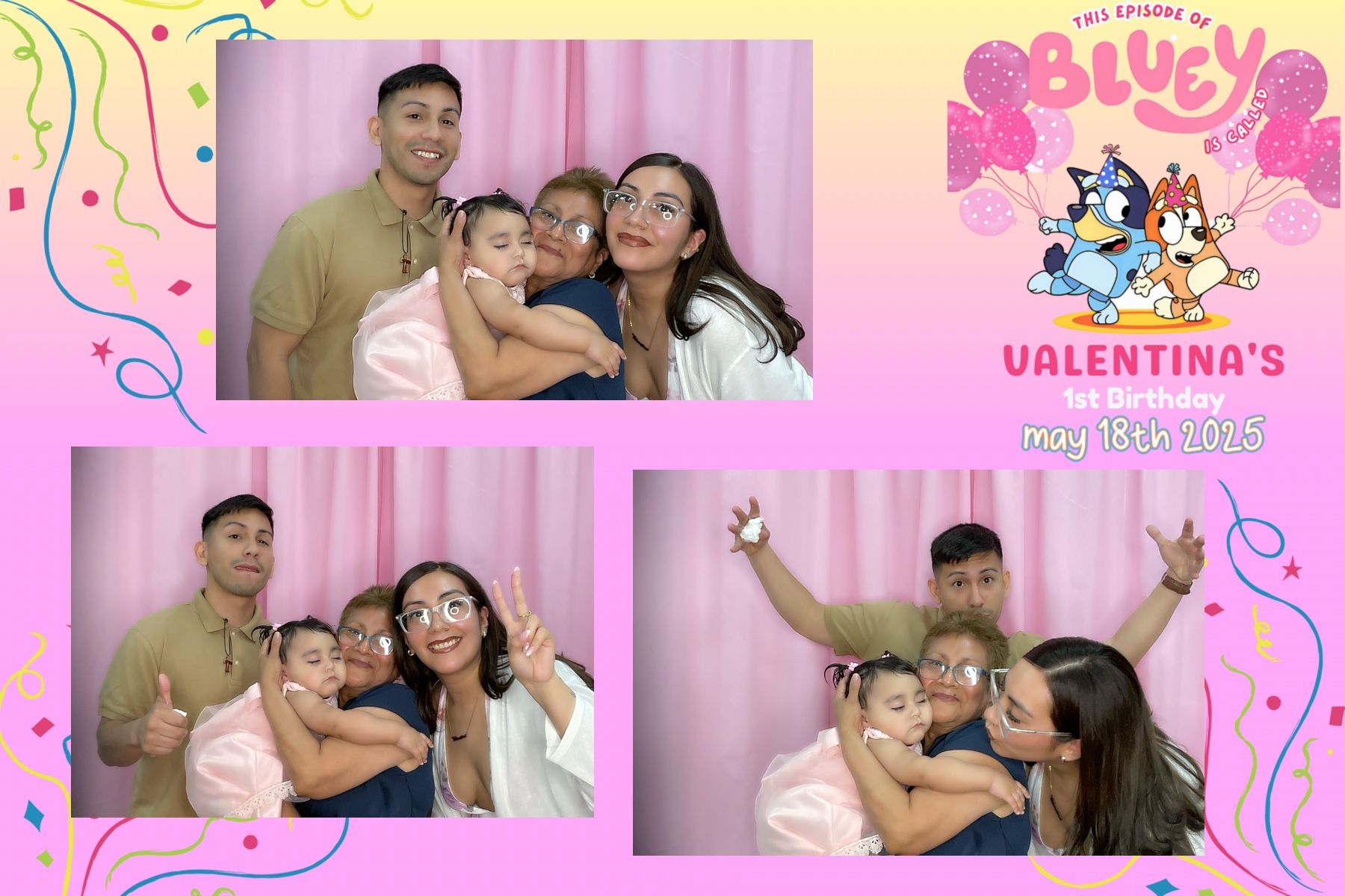 Photo booth strip: Family posing with a baby at a 