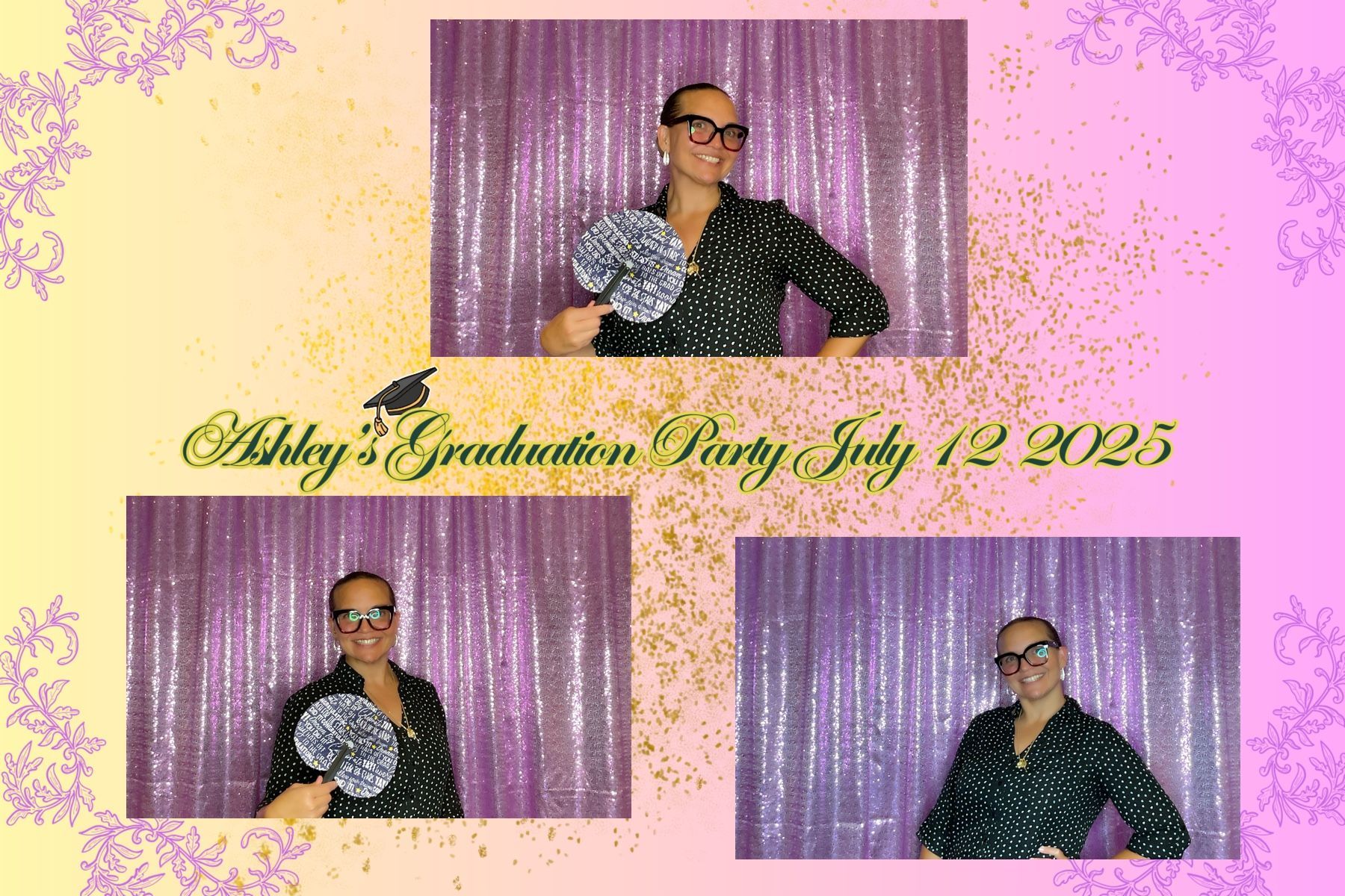 Three-panel photo booth strip from Ashley's graduation party. A woman in glasses poses with a silver fan in front of a pink sequined backdrop.
