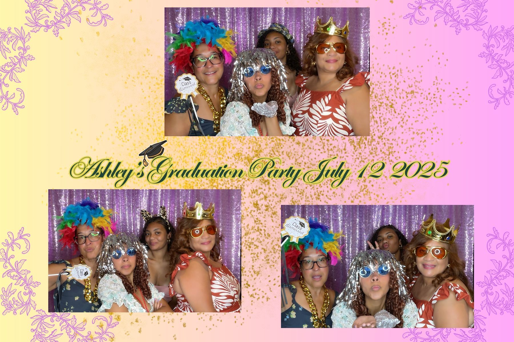 Photo booth strip from Ashley's graduation party. Features three group shots with people wearing silly accessories in front of a sparkly purple backdrop.