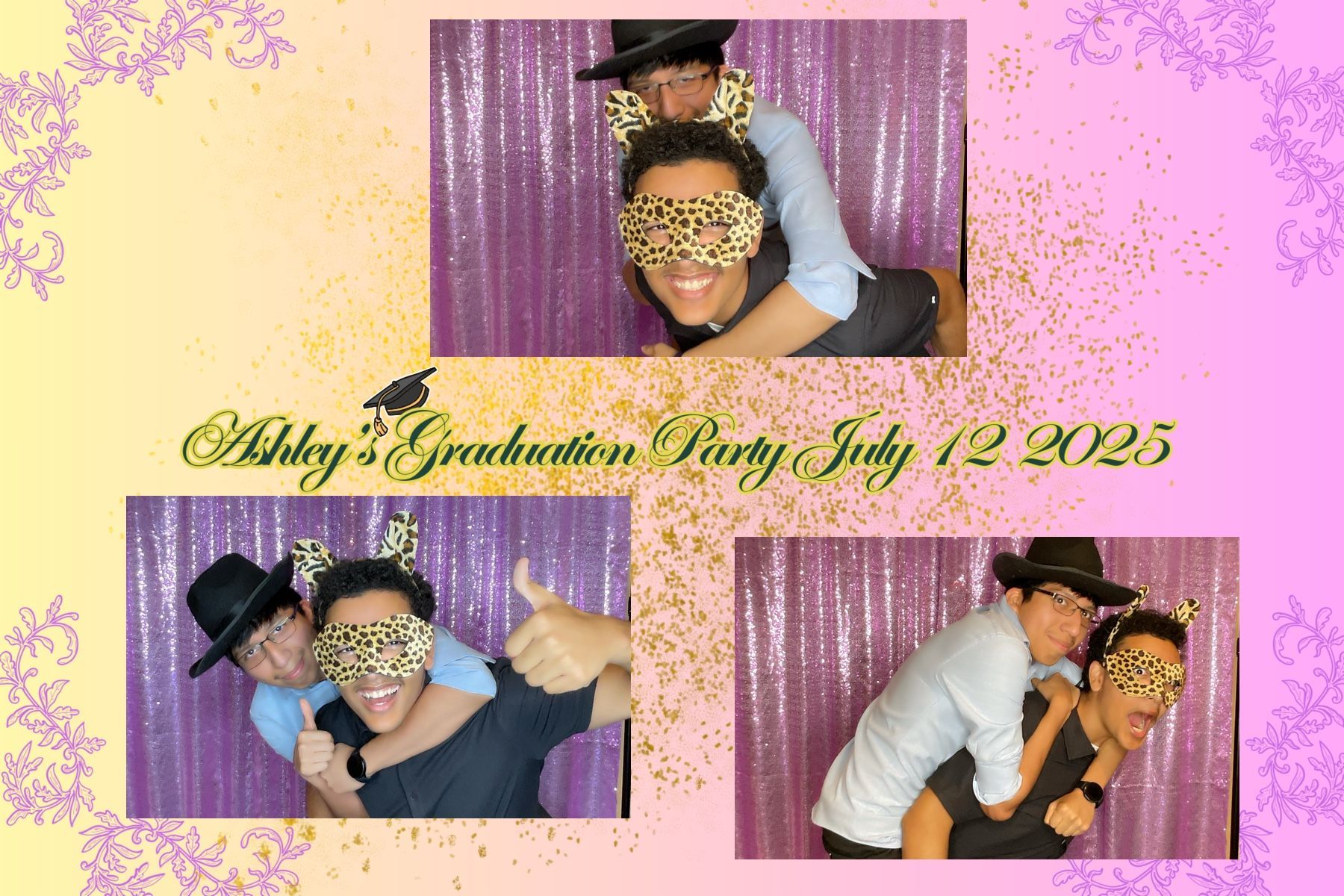 Three photo booth shots: Two people in fun costumes with a sparkly purple backdrop at Ashley's  graduation party. They're piggybacking and smiling.