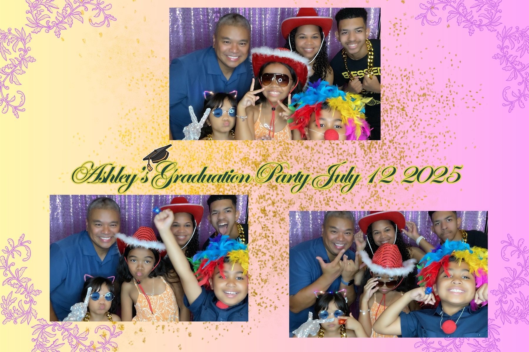 Photo booth strip from Ashley's  graduation party. People in festive attire pose with expressions of joy and celebration in front of a purple backdrop.