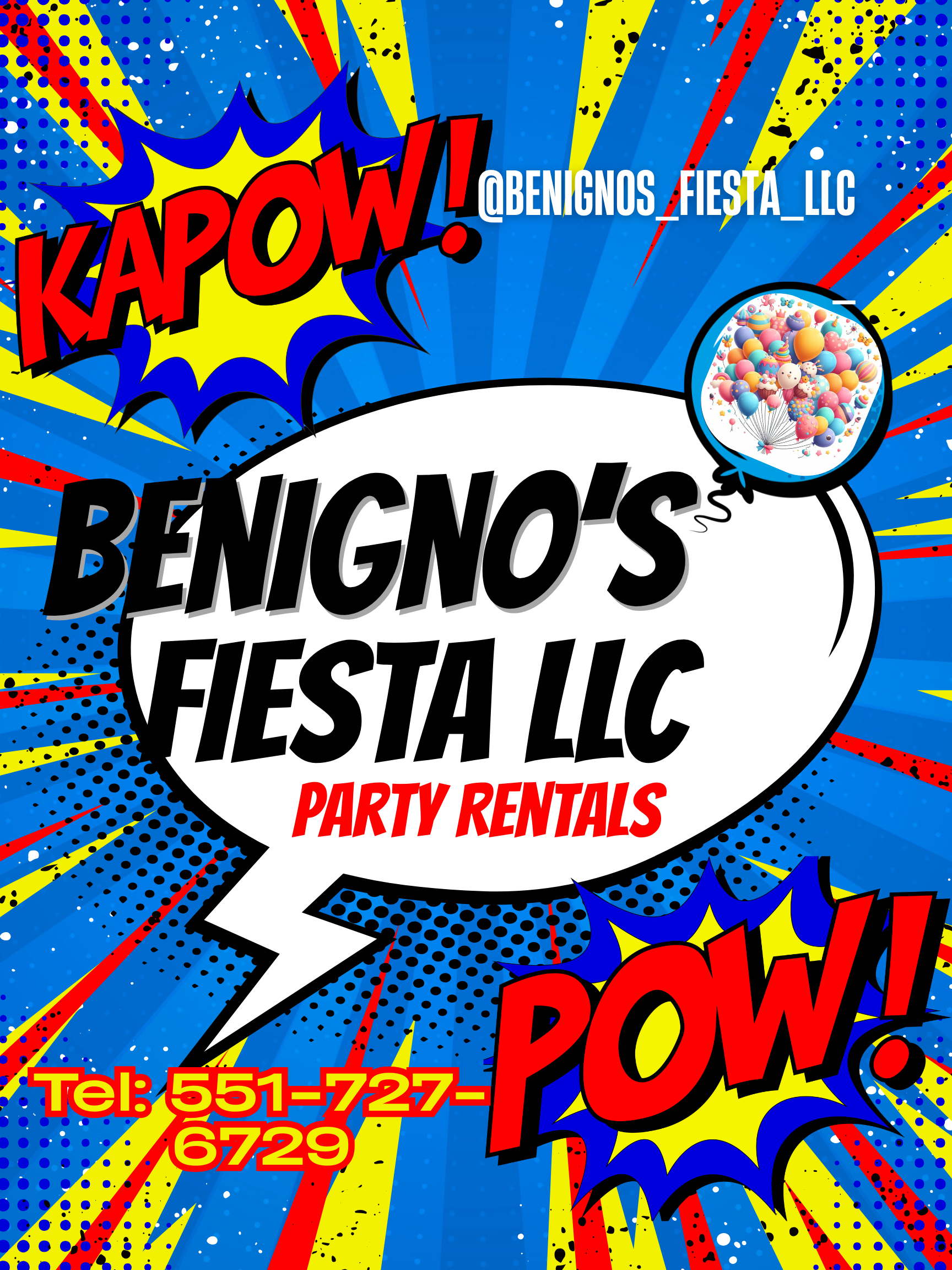 Poster for Benigno's Fiesta LLC with comic book style graphics: 