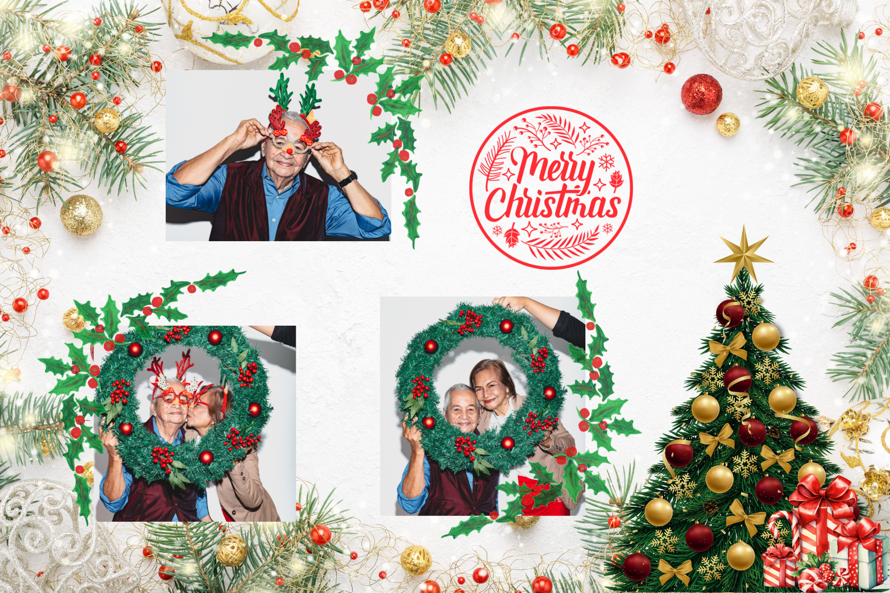 Christmas-themed collage with photos of people wearing festive decorations, a wreath, a Christmas tree, and a 