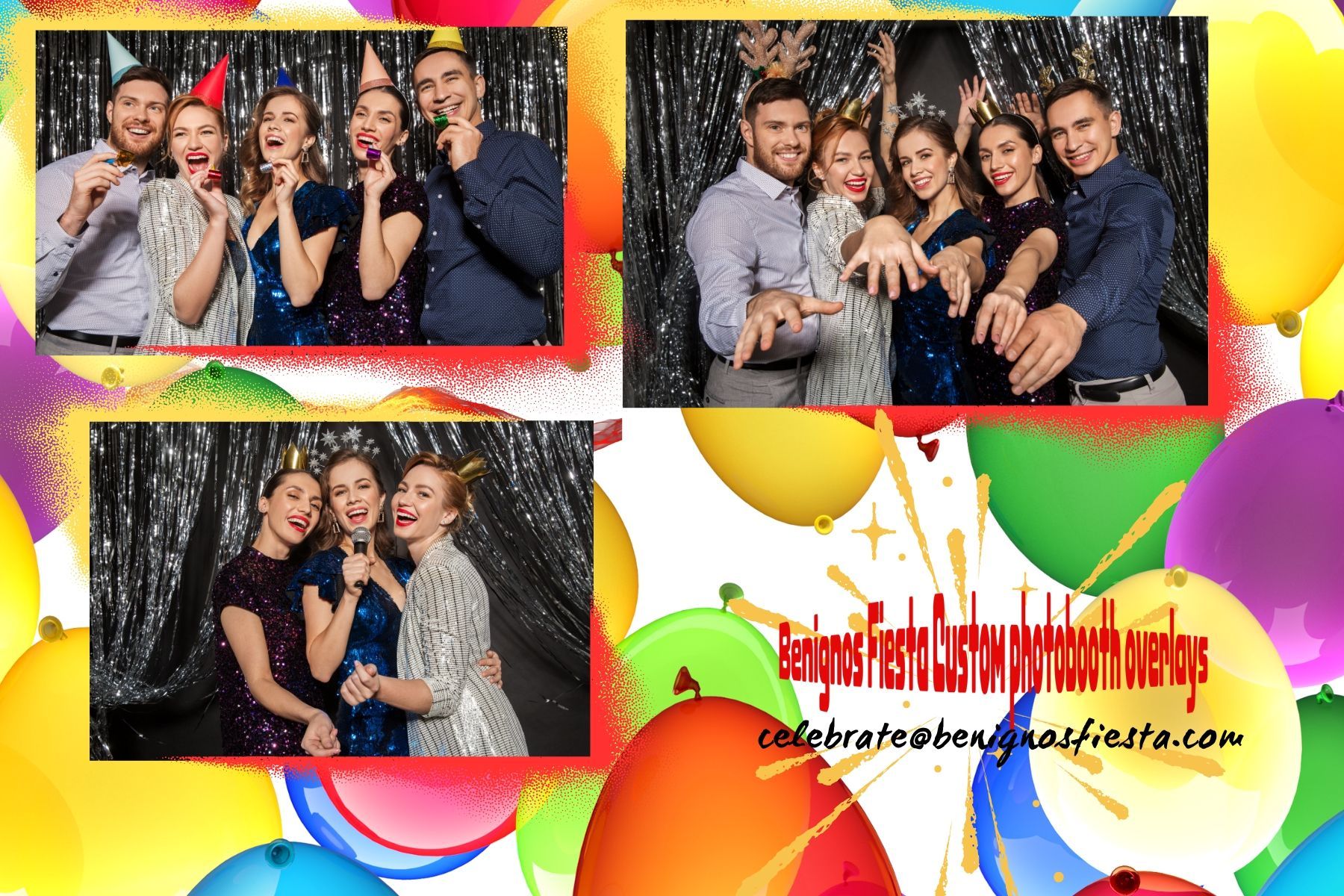 Four photo booth snapshots of people at a party, against a sparkly background, with balloons and party text overlay.