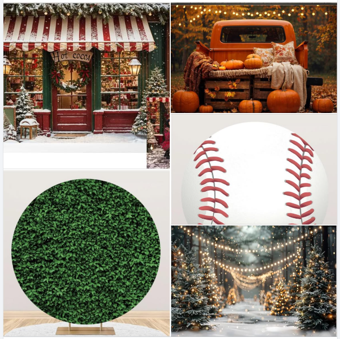 Collage of scenes including a snowy Christmas shopfront, pumpkins in an orange truck bed, a baseball, a green grass circle, and Christmas trees with lights.