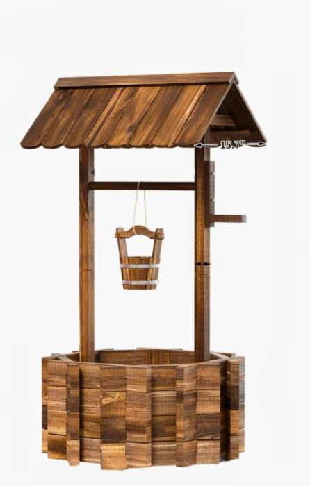 Wooden wishing well with a roof, a bucket hangs from a rope.