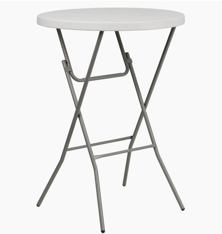 White, round folding table with gray metal legs. Used for standing or tall seating.