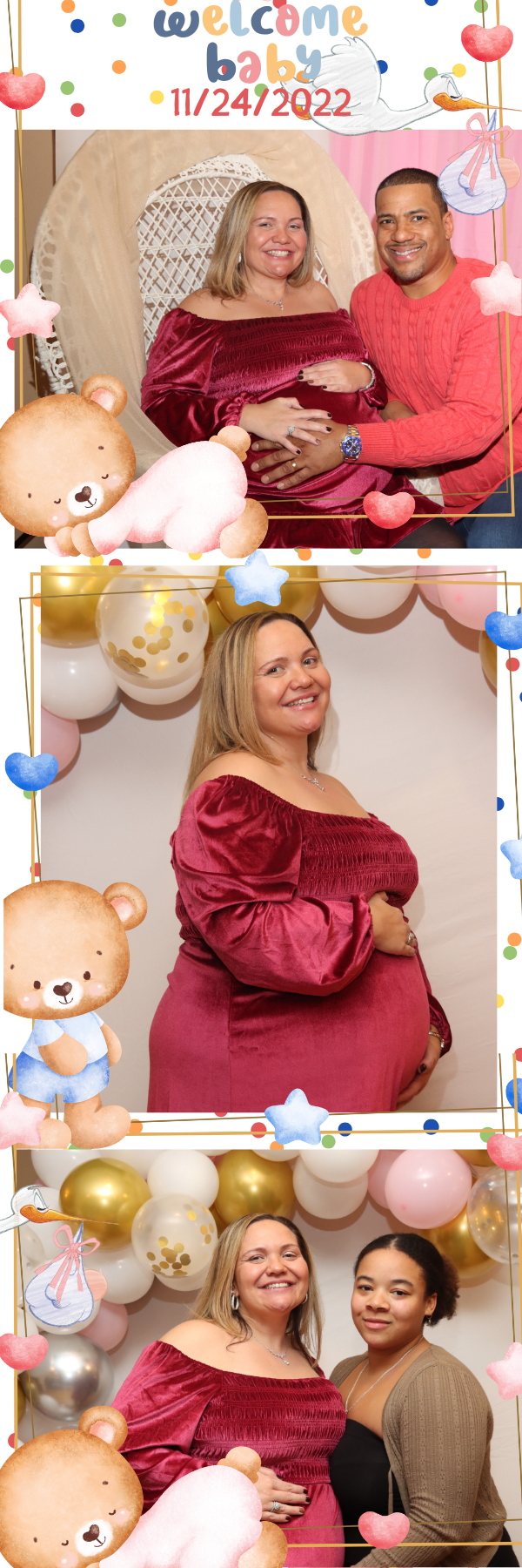 Photo booth strips with three images from a baby shower. The first shows a pregnant woman and a man, the second a woman alone, the third two women. Balloons and teddy bears decorate each frame.