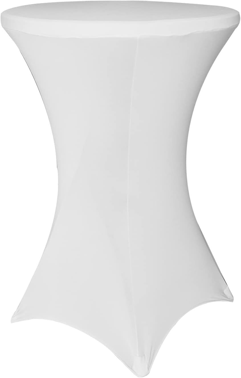 White spandex cocktail table cover, stretched over a high-top table.