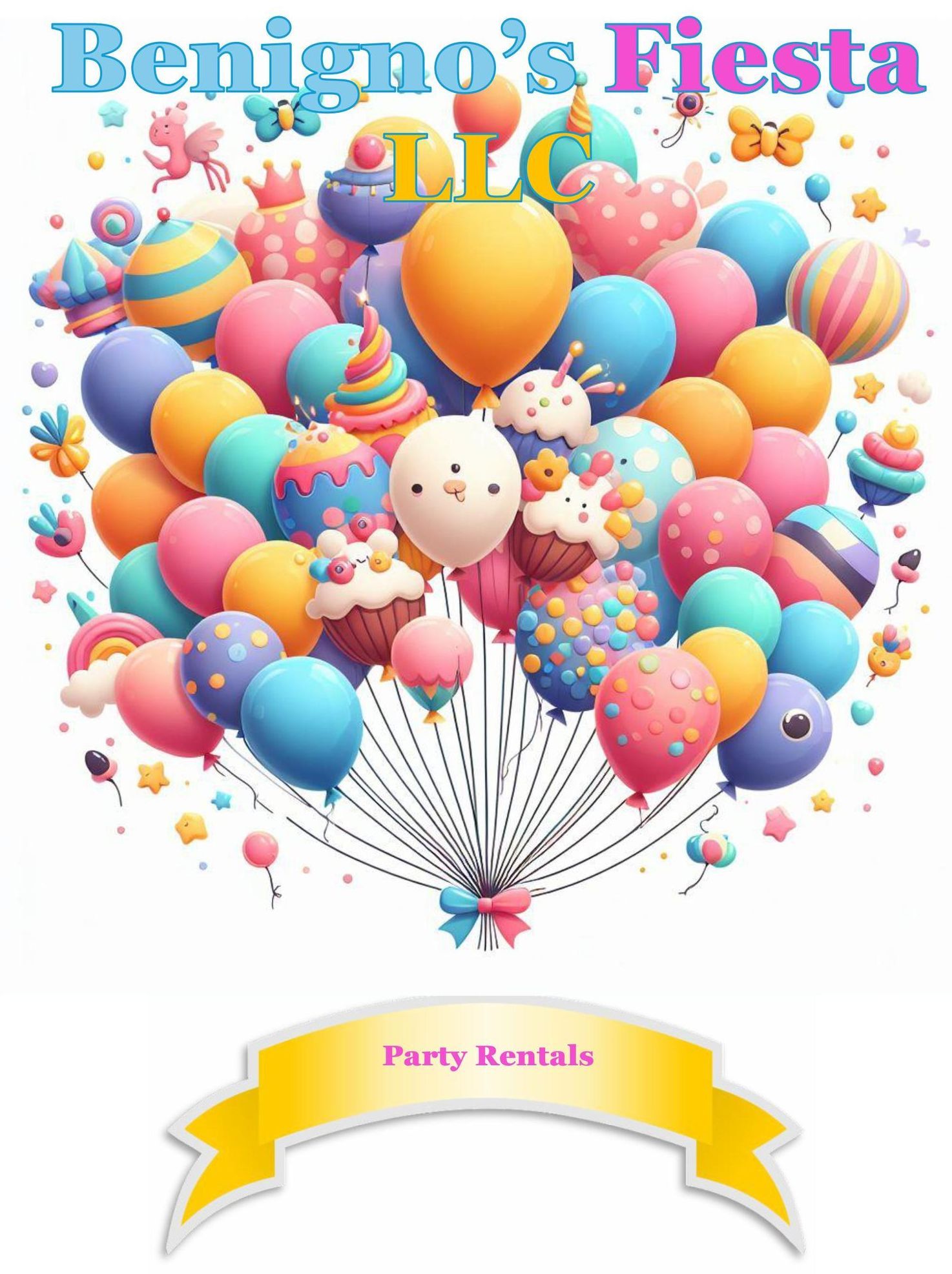 Colorful balloons and cupcakes spelling 