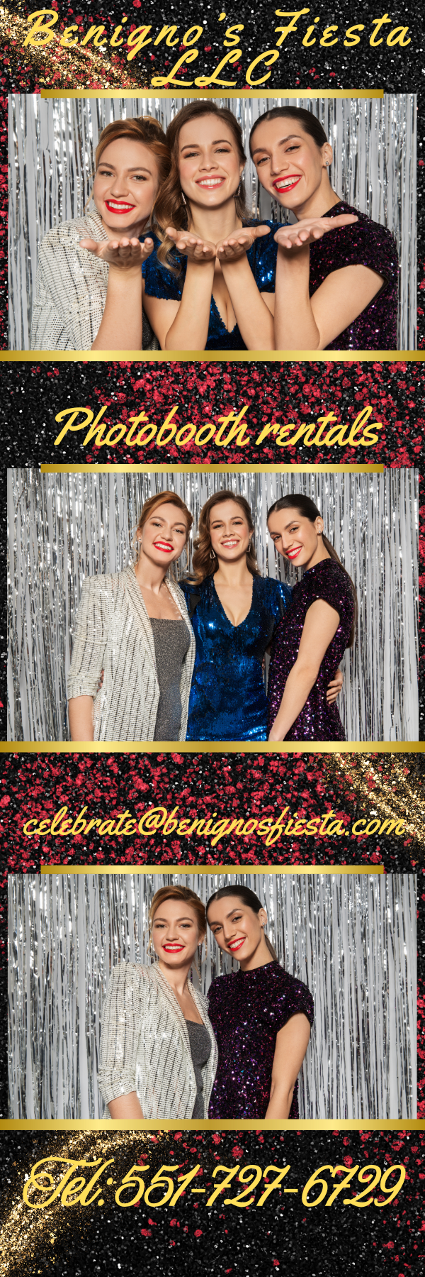 Photobooth ad featuring three women in various outfits. Includes business name, 