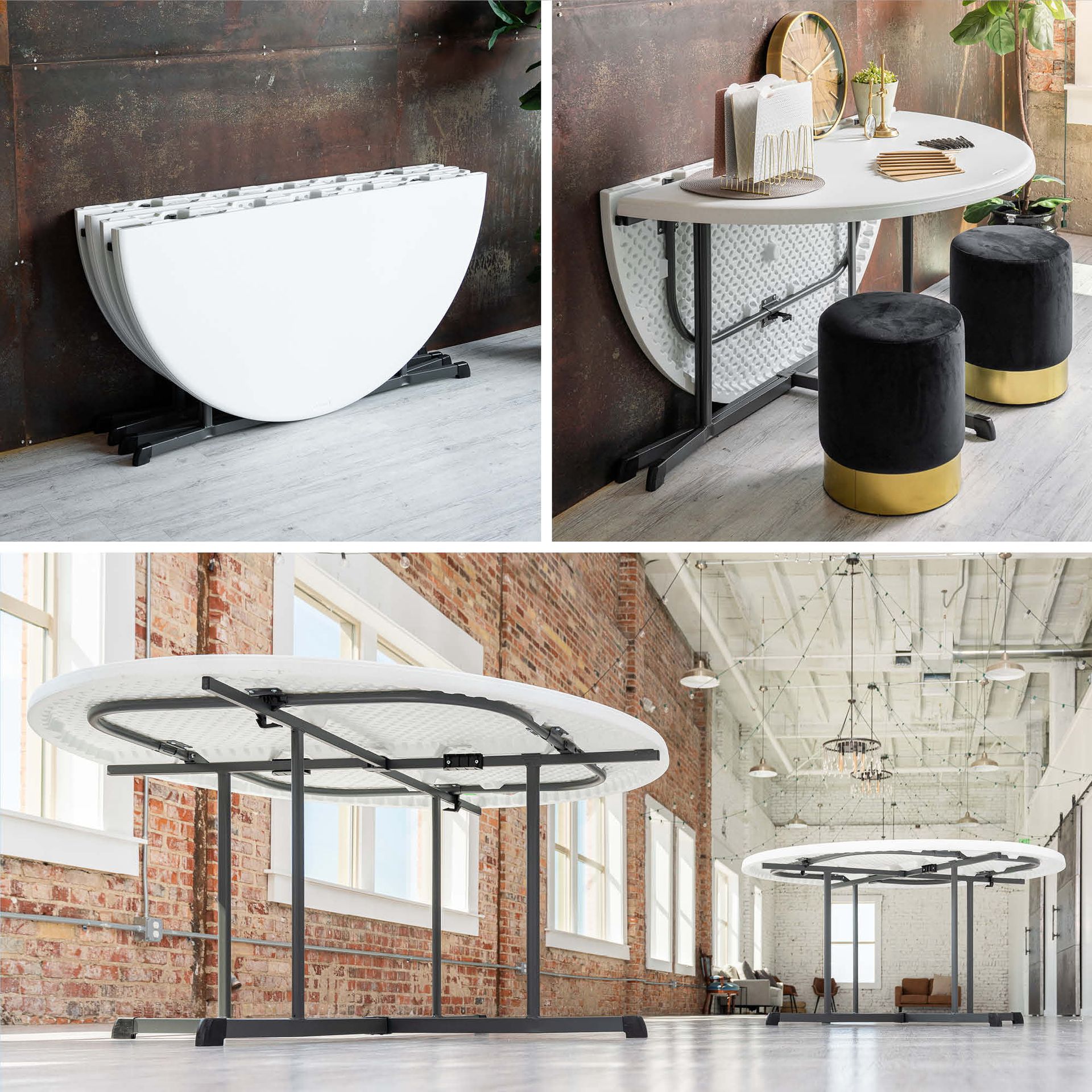 Three photos show a folding half-circle table in various states. The white tabletop has black metal legs.