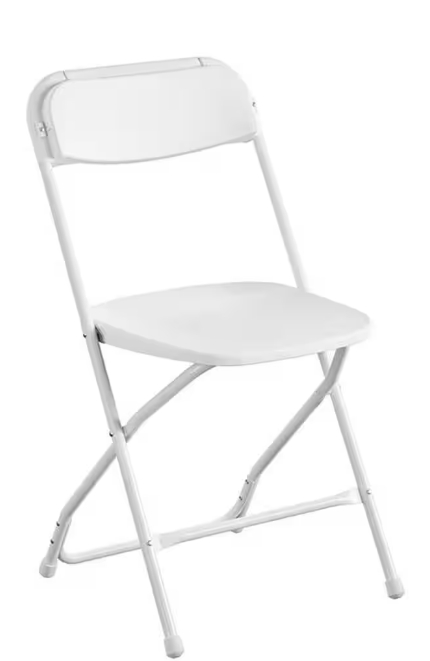 White folding chair with plastic seat and back.