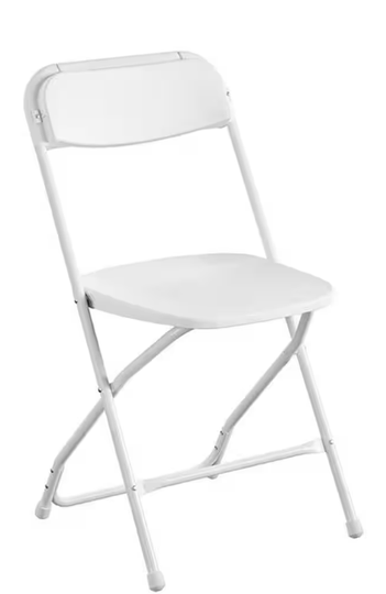 White folding chair with plastic seat and back.