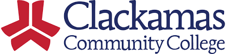 Clackamas Community College logo with a red graphic and dark blue text.