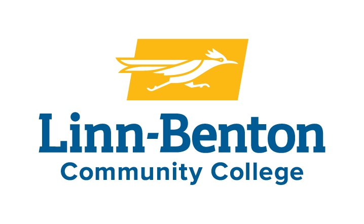 Linn-Benton Community College logo: Roadrunner over a yellow rectangle, blue text.