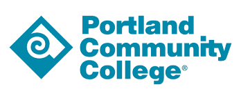 Portland Community College logo, teal diamond with spiral, teal text.