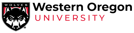 Logo for Western Oregon University: wolf head in shield, with 