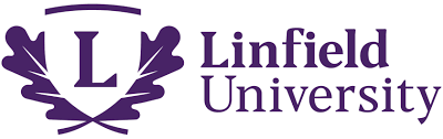 Purple Linfield University logo with oak leaf accents.
