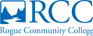 Logo for Rogue Community College, blue text and graphic of a landscape with trees and a river.