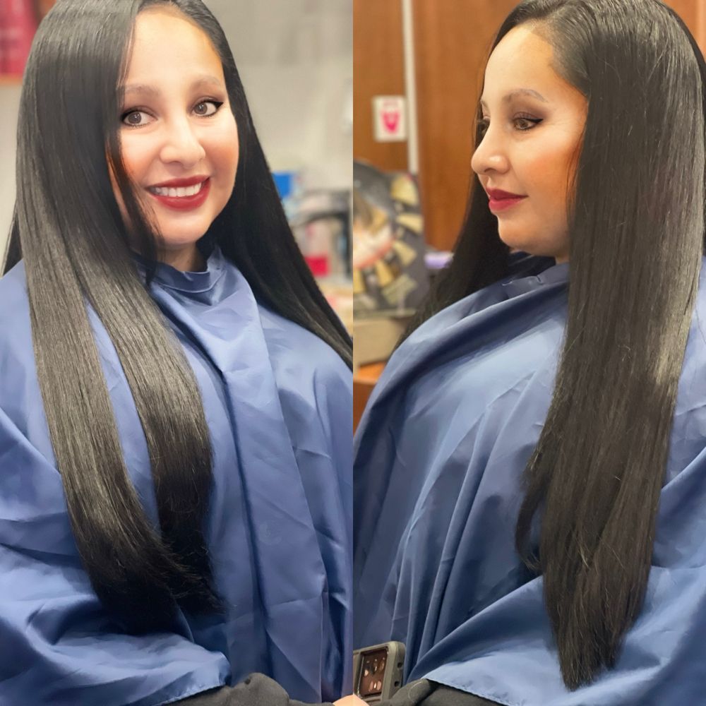 Two views of a person with long straight black hair wearing a blue salon cape