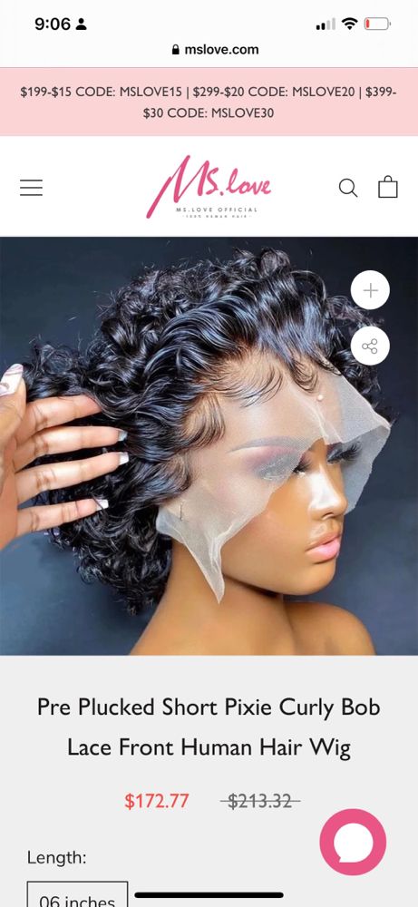 Product page showing a blonde curly bob wig on a model, labeled “Pre Plucked Short Pixie Curly Bob Lace Front Human Hair Wig