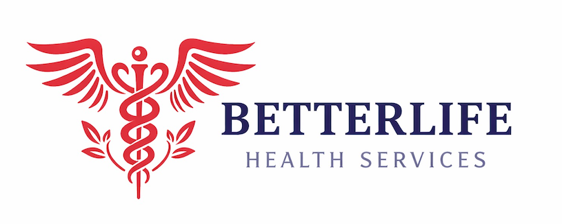 Logo for Betterlife Health Services: red Caduceus symbol and navy text on a white background.