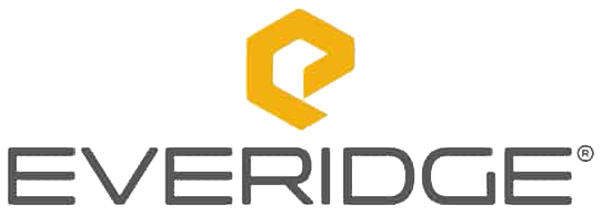 A logo for everridge with a yellow hexagon on a white background.