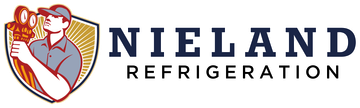 The logo for nieland refrigeration shows a man holding a bottle of beer.