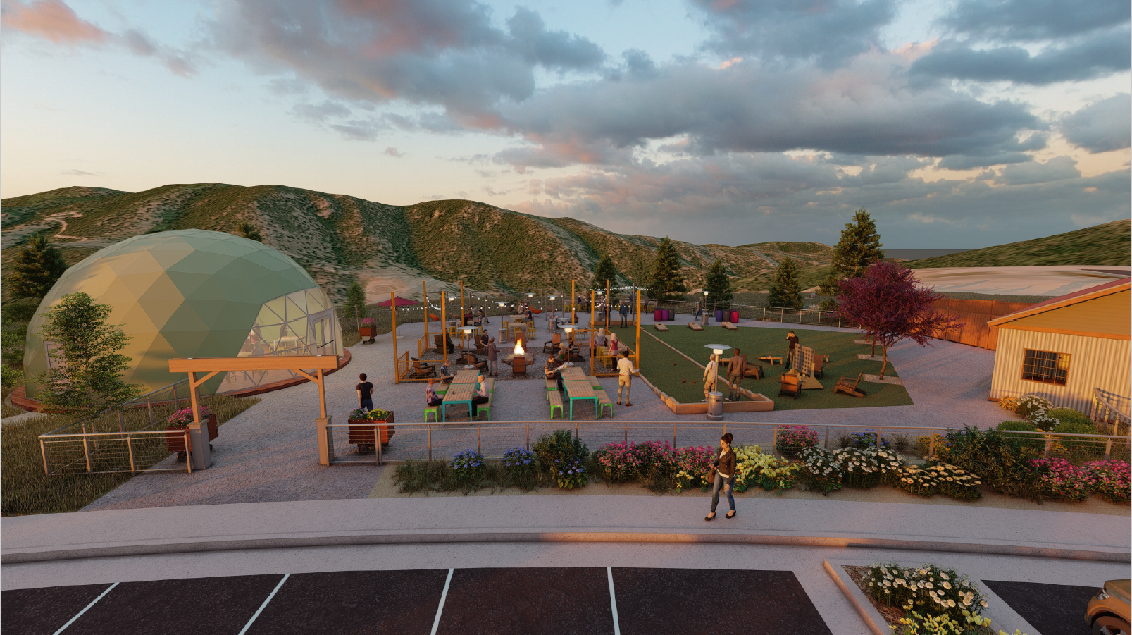 An artist 's impression of a park with a dome in the middle of it.