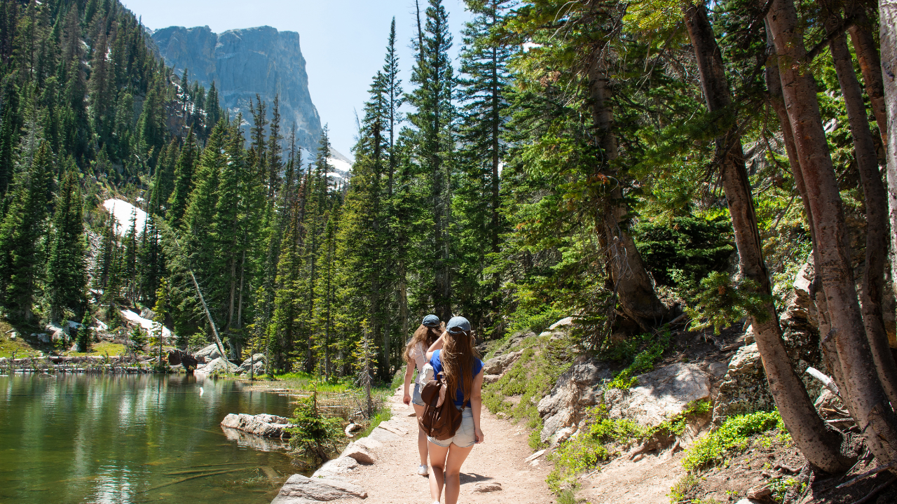 A group of people are walking down a path next to a lake in the woods.