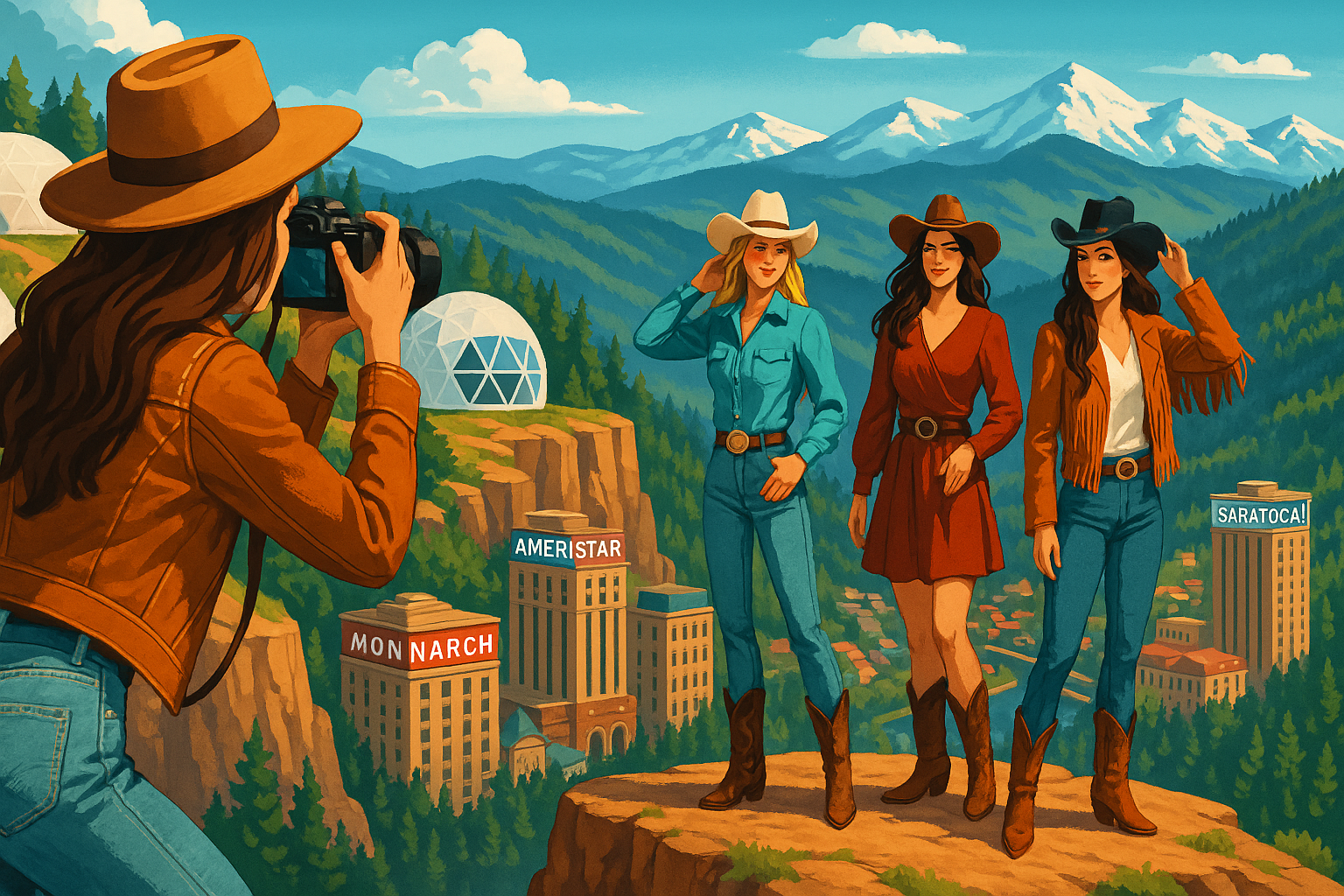 A woman is taking a picture of three women standing on top of a mountain.