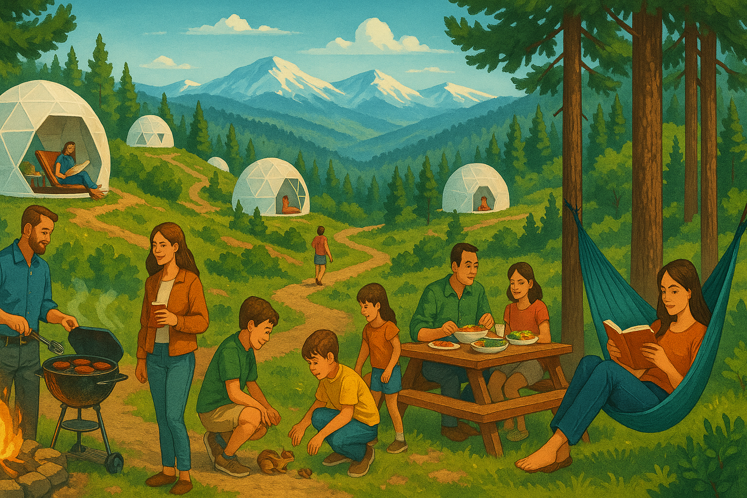 A painting of a family having a picnic in the woods.