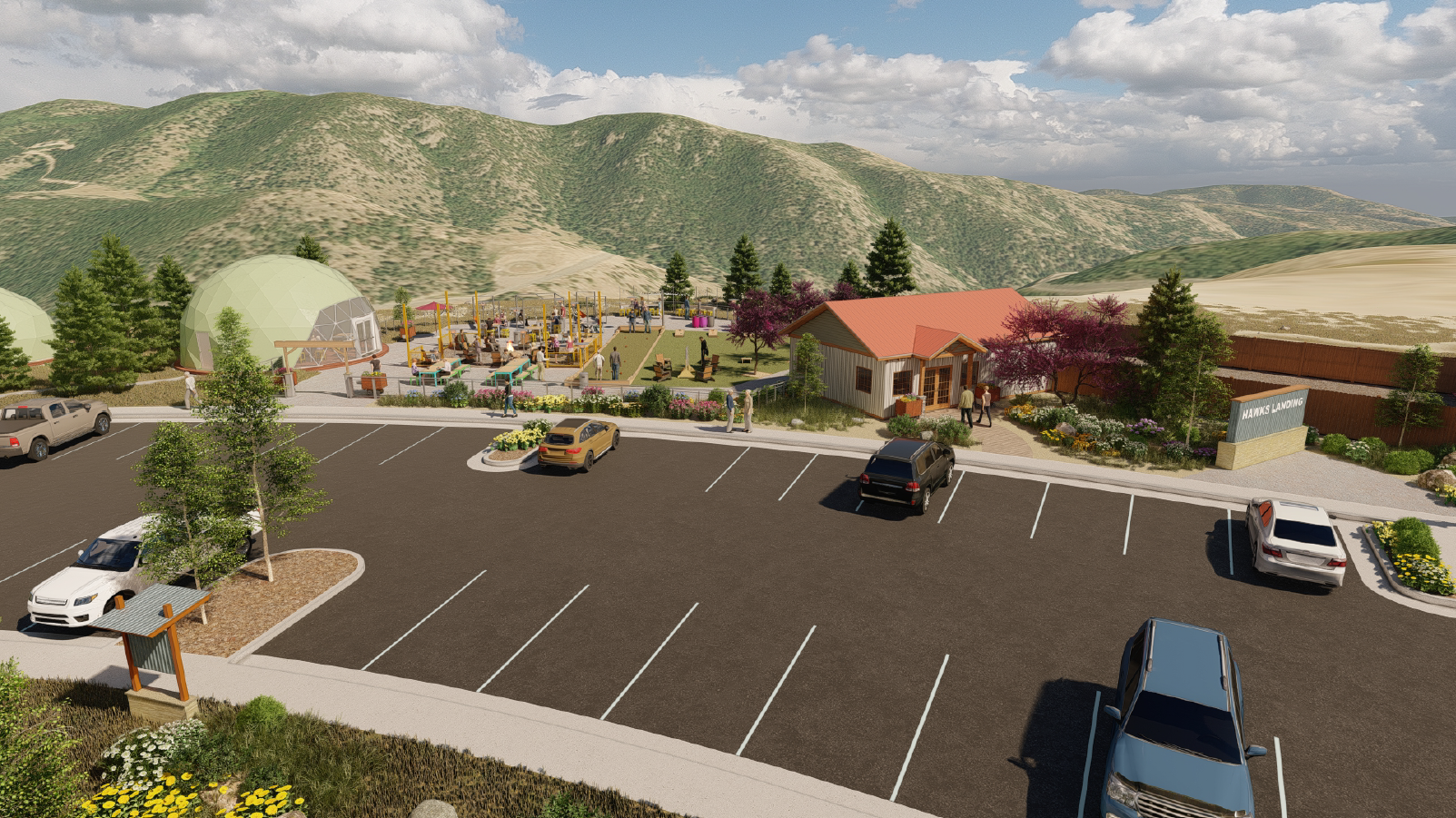 An artist 's impression of a parking lot with cars parked in front of a building.