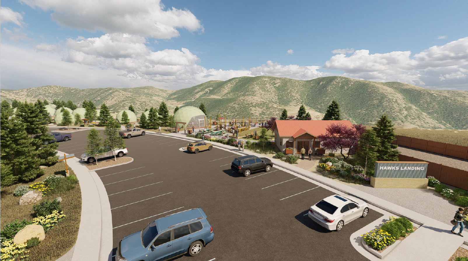 An artist 's impression of a parking lot with cars parked in it.